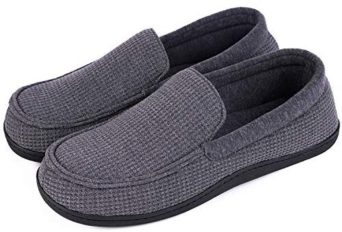 EverFoams Men's Comfort Memory Foam Moccasin Slippers Breathable Cotton Knit House Shoes with Anti-Skid Rubber Sole